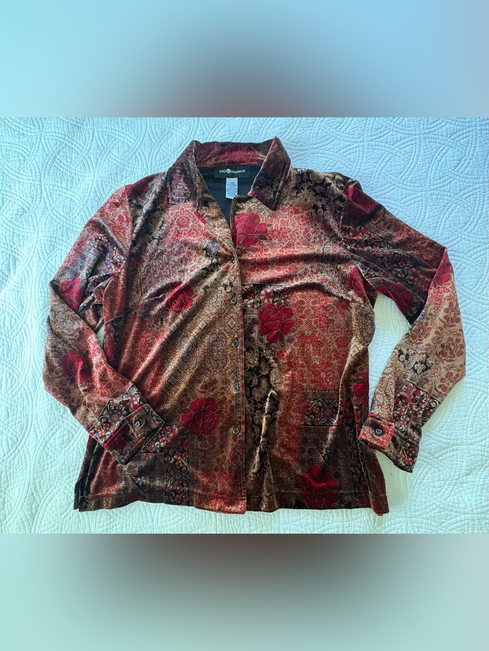 Bohemian Velvet Floral Top XL Vintage Sag Harbor - Picture 3 of 8